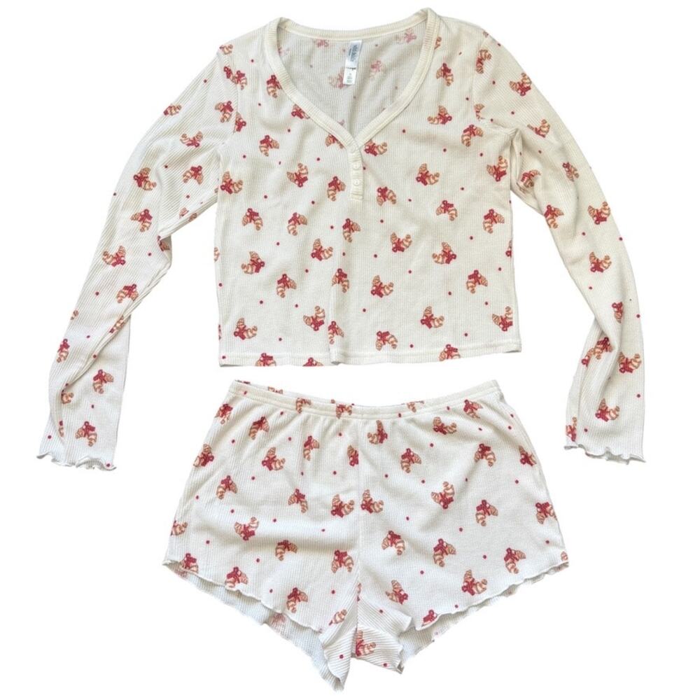 Wild Fable Croissant Bow Pajama Set Thermal Waffle Knit Cream Red Size Small